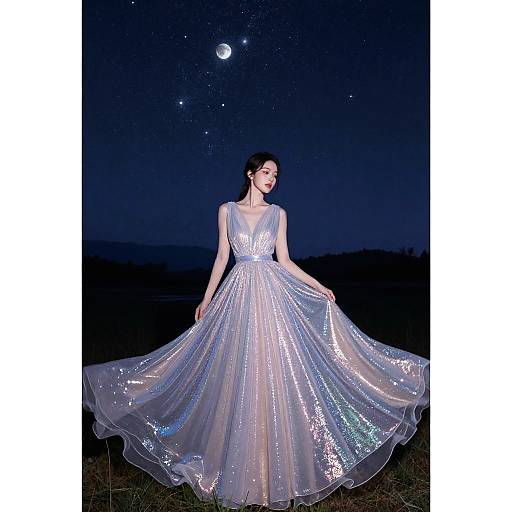 Photograph of a woman in a sparkling, silver, floor-length gown with a deep V-neck, standing under a starry night sky with a visible
