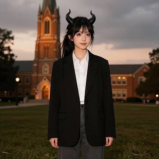 Photograph of a young Asian woman with black horns, black blazer, white shirt, and gray pants, standing in front of a Gothic-style church