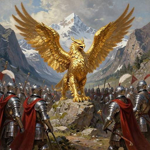Digital fantasy artwork of a golden eagle with massive wings standing on a rocky mountain, surrounded by armored knights with red capes. Snow-capped peaks and