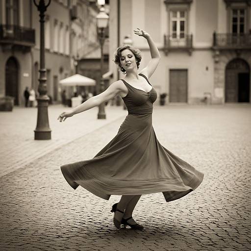 Black-and-white photograph of a dancing woman in a flowing dress on a cobblestone street, with blurred historic buildings in the background. She poses with