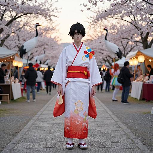 Photograph of a young person in a white kimono with red sash and floral accents, standing in a cherry blossom-lined street festival at dusk.