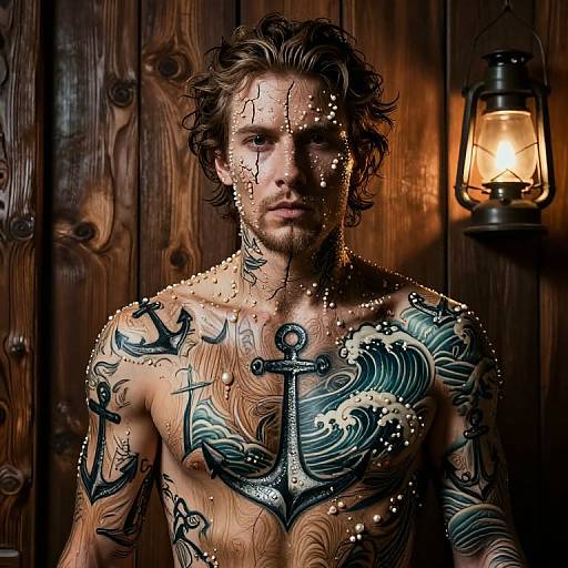 Photograph of a tattooed, shirtless man with wavy brown hair, standing in a wooden room, illuminated by a lantern, with water dro
