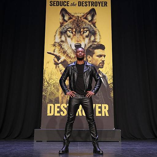 Man in Black Leather Outfit on Stage with Wolf Poster