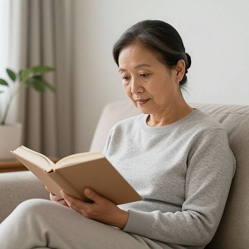 Photograph of an elderly Asian woman with black hair in a bun, wearing a gray sweater and white pants, reading a book on a beige couch in