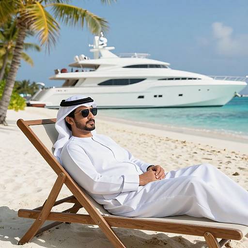 Photograph of a bearded Middle Eastern man in white traditional attire and sunglasses, relaxing on a wooden beach chair, with a large white yacht and palm