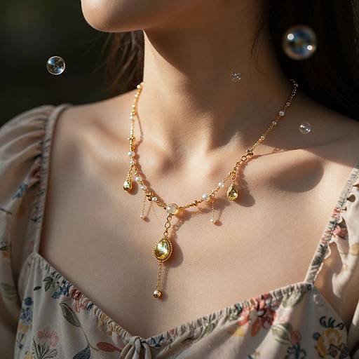 Photograph of a woman's neck and chest, wearing a gold necklace with dangling charms, floral dress, sunlight highlighting skin, bubbles floating.