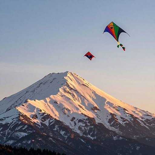 Photograph of a snow-capped mountain at sunset with two colorful kites flying against a clear blue sky. Mountain's peak glows with golden light