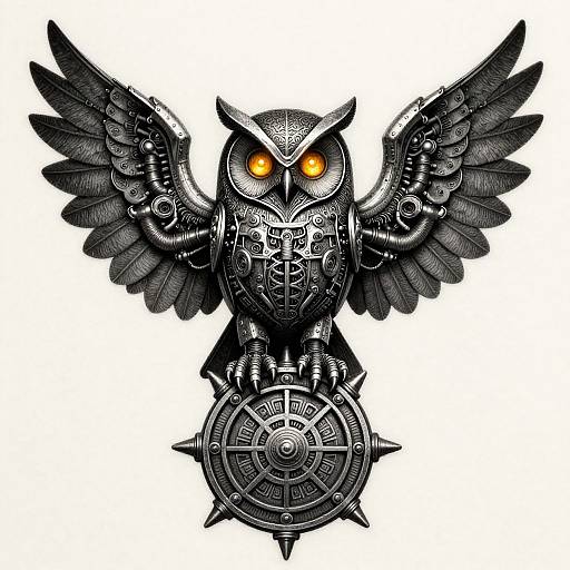 Digital illustration of a fierce, black, steampunk owl with glowing orange eyes, outstretched wings, and a spiked shield, set against a