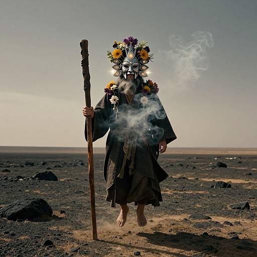 Photograph of a masked figure in a dark robe, adorned with colorful flowers, holding a wooden staff, standing in a smoky, barren desert landscape