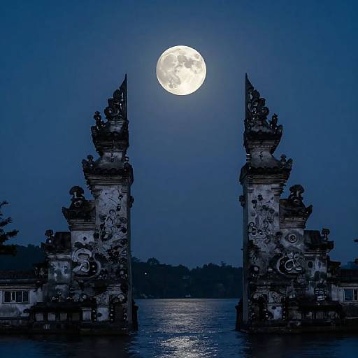 Photograph of a full moon glowing behind two ornate, weathered stone gateways over a dark blue waterway at night.