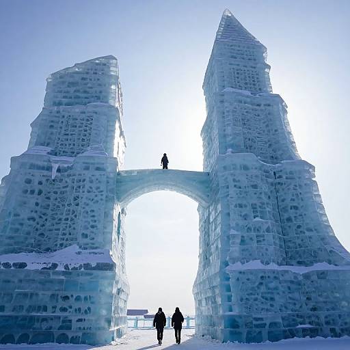 Photograph of two towering blue ice arches with jagged textures, a person standing on top, and two people walking below in a snowy landscape.