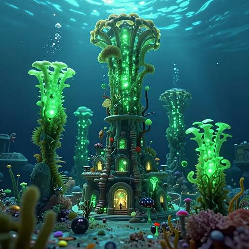 Digital artwork of a glowing underwater city with bioluminescent green plants and fungi, lit archways, and colorful coral, illuminated by blue underwater light