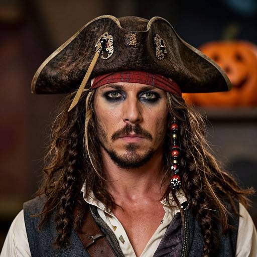 Photograph of a rugged, blue-eyed pirate with long brown hair, dark eye makeup, mustache, and large tricorn hat adorned with gold details