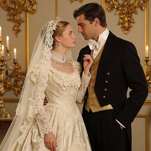 Photograph of a bride in a lace, cream-colored wedding dress and veil, and groom in a black kilt and gold vest, gazing at