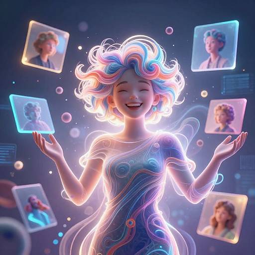 Digital artwork of a glowing, smiling fairy girl with wavy, multicolored hair, wearing a swirling, neon-patterned dress, surrounded by floating