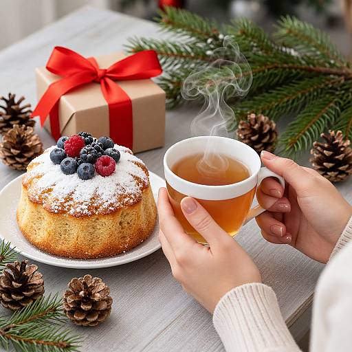 Photograph of hands holding steaming tea, beside a snow-dusted cake with blueberries and raspberries, surrounded by pine cones and a gift with