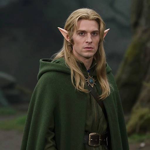 Photograph of a serious-looking, blonde male elf with pointed ears, wearing a dark green cloak and black shirt, set against a dark, blurred forest