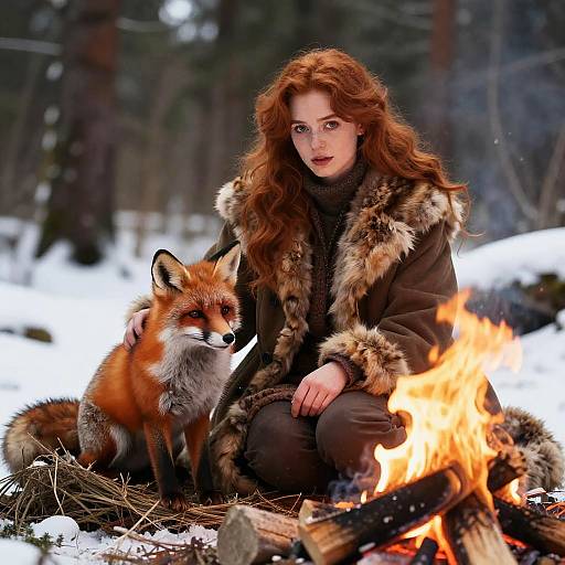 Photograph of a fair-skinned, red-haired woman in a fur-trimmed coat, sitting beside a red fox by a campfire in a