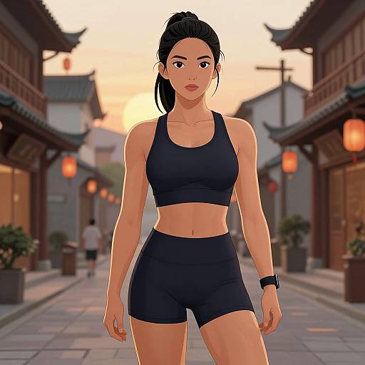 Digital anime-style drawing of a fit Asian woman with black hair in a ponytail, wearing a black sports bra and shorts, standing in a traditional Asian