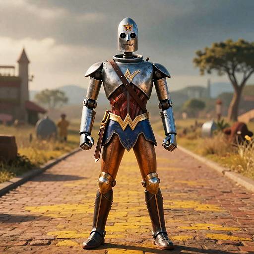 Photorealistic CGI of a silver-armored knight with a helmet featuring a yellow emblem, standing on a sunlit, cobblestone path in a