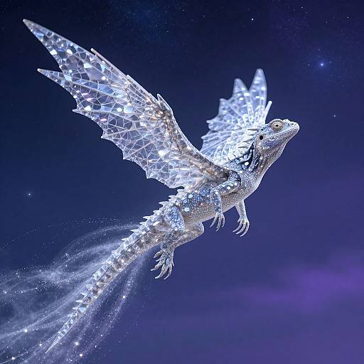 Digital artwork of a glowing, crystal-winged dragon soaring through a starry, deep blue night sky, with ethereal trails behind.