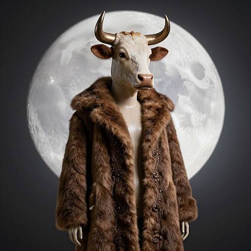 Photograph of a white bull with horns wearing a luxurious brown fur coat, standing against a large bright full moon in a dark sky.