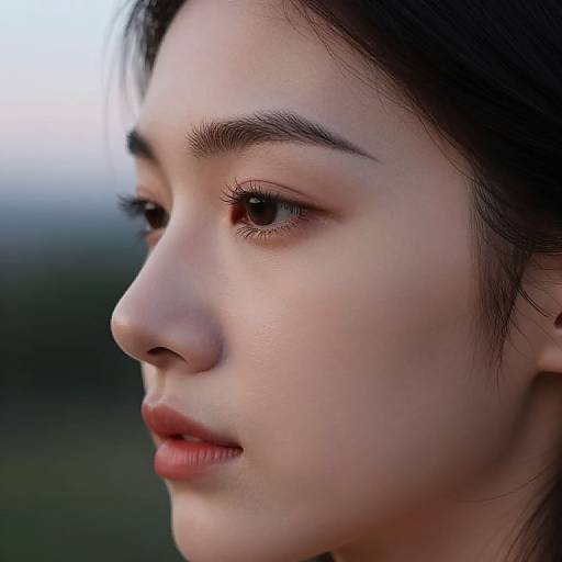 Close-up photograph of an East Asian woman with fair skin, dark brown eyes, and black hair, looking to the left, soft natural light, blurred