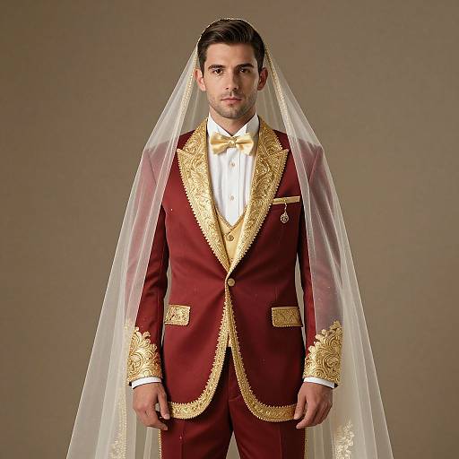 Photograph of a handsome man in a red and gold embroidered suit with a white shirt, bow tie, and transparent veil, standing against a plain brown