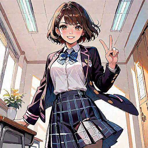 Anime Schoolgirl in Classroom Pose
