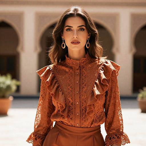 Regal Woman in Copper Bronze Lace Blouse