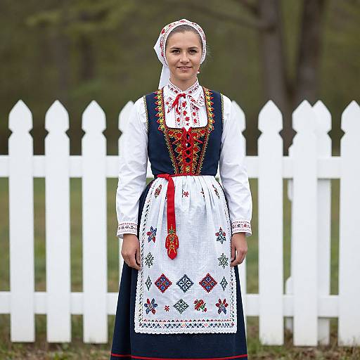 Photograph of a smiling woman in traditional Eastern European folk attire, featuring a white apron, black dress, and embroidered red patterns, standing in front