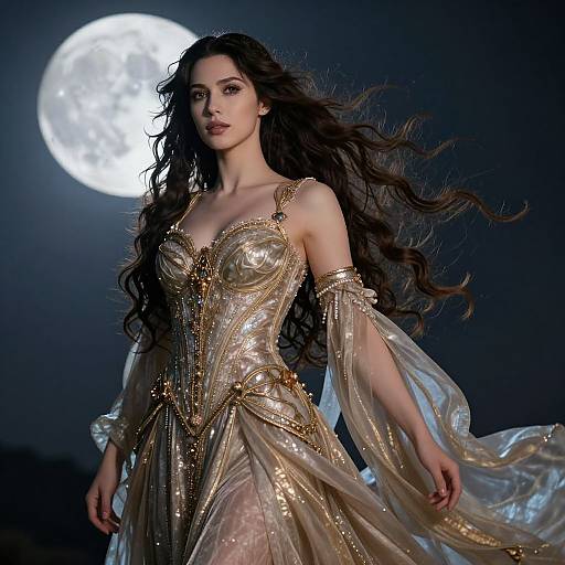 Dramatic Fantasy Woman Under Full Moon