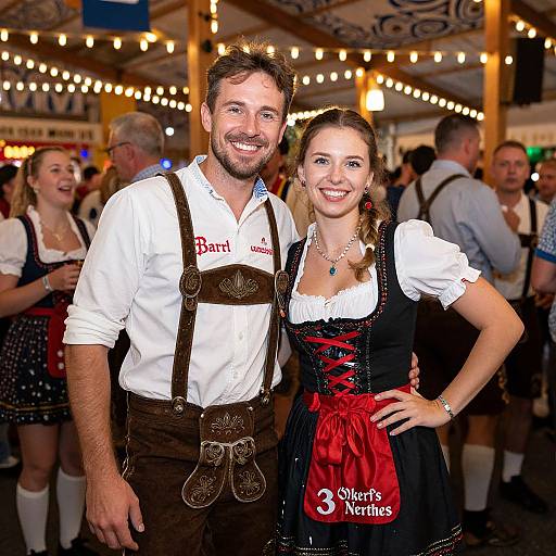 Photograph of smiling couple at Oktoberfest; man in white shirt, brown lederhosen, woman in black dirndl with red ribbon, crowd