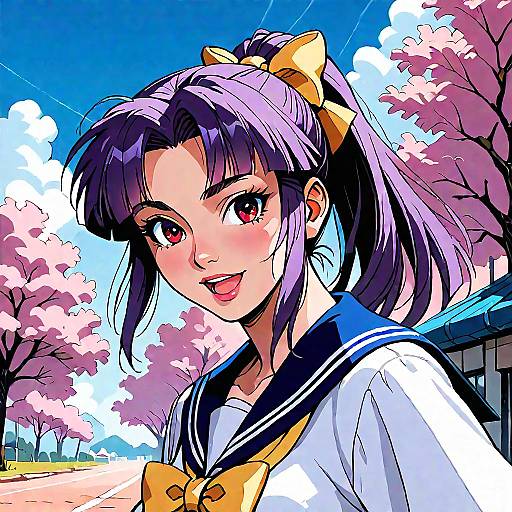 Digital anime-style drawing of a smiling girl with purple hair, red eyes, and a yellow bow, wearing a school uniform, against a blue sky with