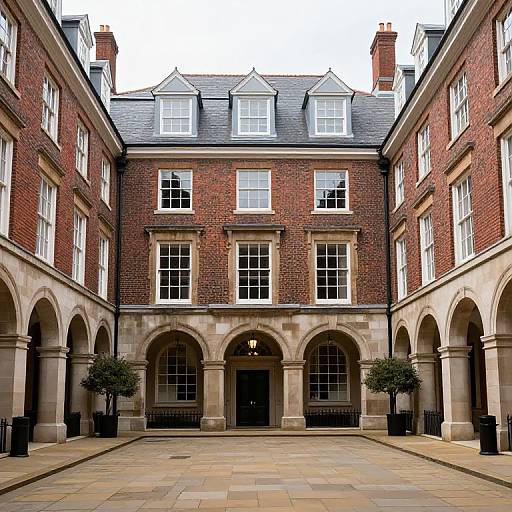 Photograph of a red-brick, Georgian-style courtyard with arched entryways, symmetrical windows, and potted plants, set against a gray