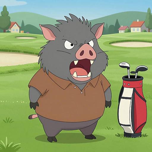 Fierce Cartoon Boar on Golf Course