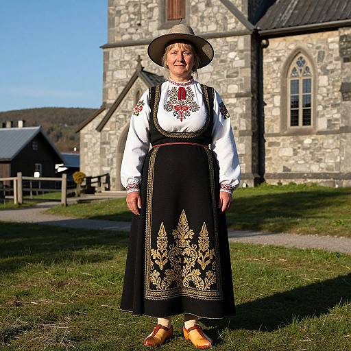 Elderly woman in traditional white blouse with floral embroidery, black apron dress, brown hat, and wooden clogs, stands in front of a