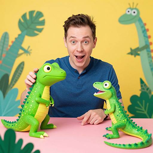 Photograph of a surprised man in a blue polo shirt holding two green, cartoon-style plastic lizards on a pink table against a yellow backdrop with whims