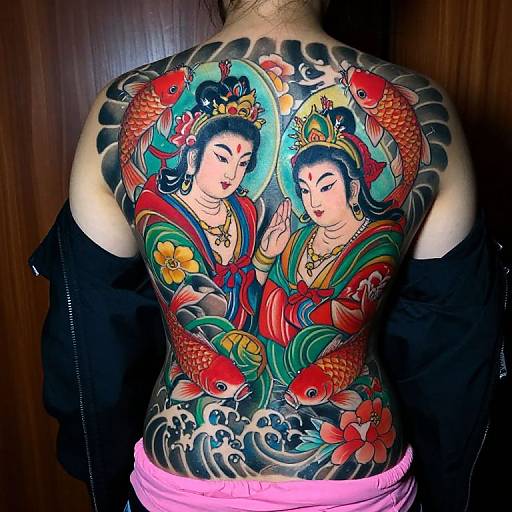 Tattooed back of an Asian person featuring vibrant, traditional Japanese-style artwork of two kimono-clad women with fish, flowers, and waves
