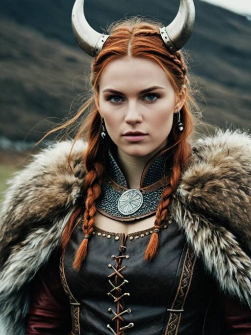 Woman in Viking Costume with Horns and Fur