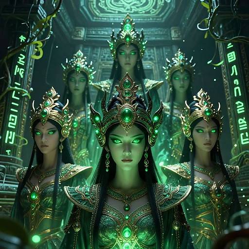 CGI fantasy image of six green-eyed, dark-haired, Asian women in ornate, glowing green and gold crowns, standing in a mystical temple
