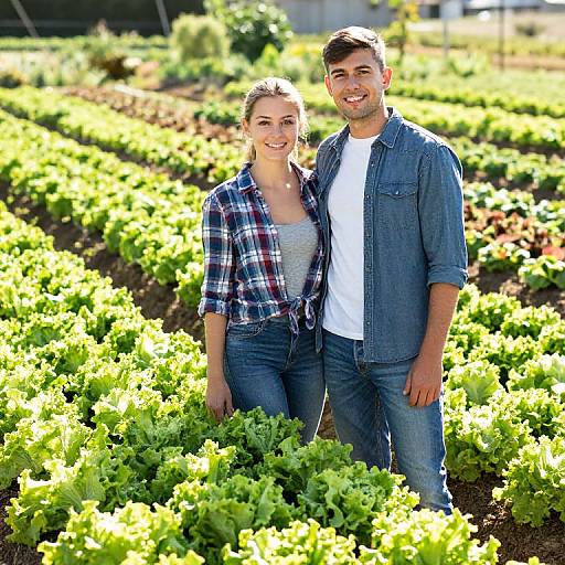 Photograph of a smiling couple standing in a vibrant, sunlit lettuce field; woman in plaid shirt, blue jeans; man in denim shirt,