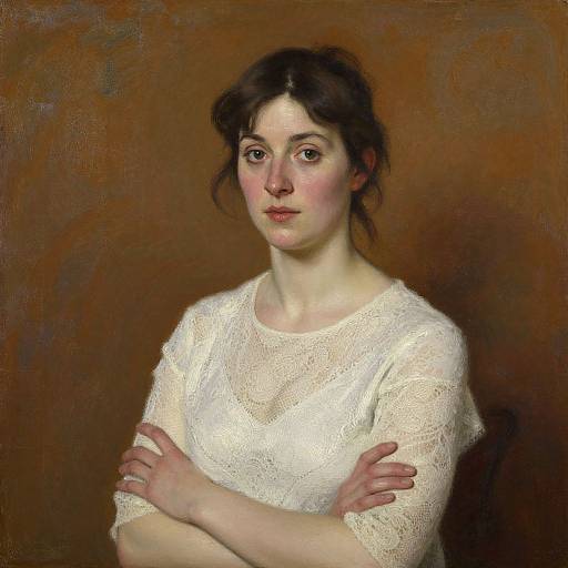 Realistic digital painting of a young woman with fair skin, brown hair, and brown eyes, wearing a white lace shirt, arms crossed, against a