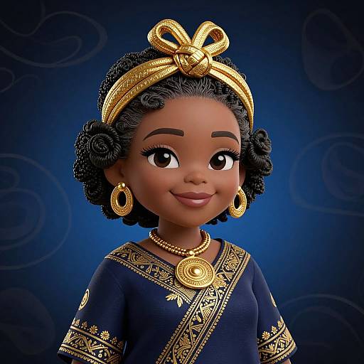 Digital illustration of a smiling African girl with dark skin, curly black hair, golden headband, earrings, and necklace, wearing a blue embroidered dress against