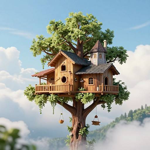Whimsical, wooden treehouse with a shingled turret, nestled high in a lush green tree against a bright blue sky and fluffy clouds.