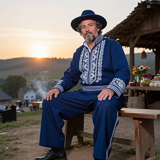 Photograph of a bearded man in traditional blue embroidered outfit, sitting on a wooden bench at sunset, rural village background.