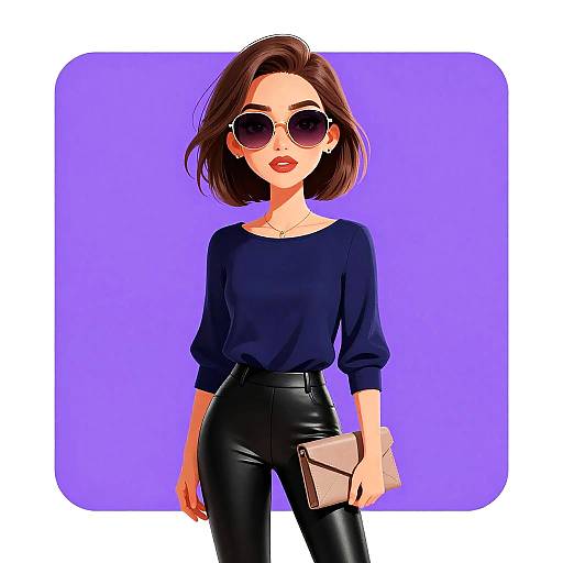 Chic Woman in Navy Blouse and Leather Leggings