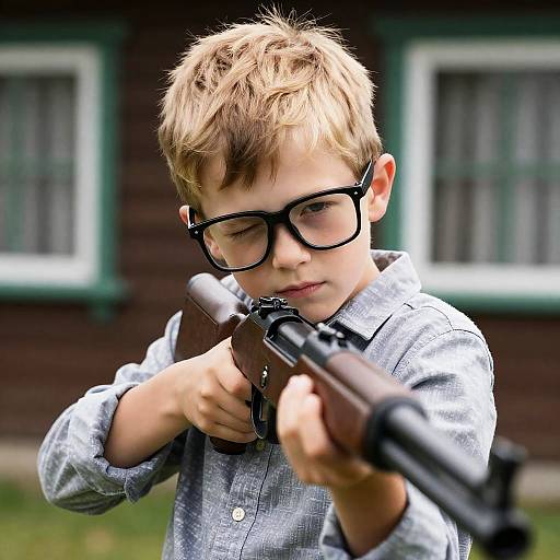Determined Boy Aiming Rifle in Nature