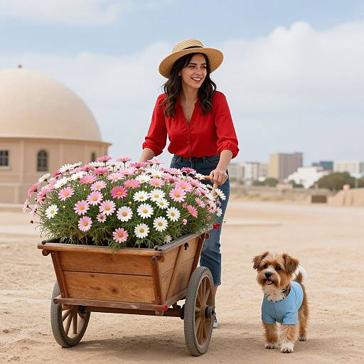 Photograph of a smiling woman in a red blouse and straw hat, pushing a wooden cart of pink and white daisies, with a small brown