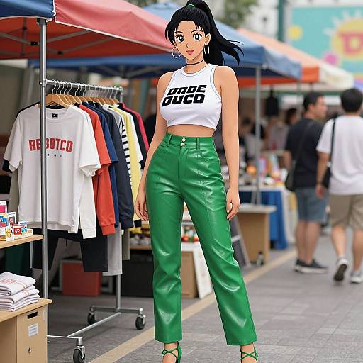 Digital illustration of a stylish woman with dark hair in a ponytail, wearing a white crop top with 